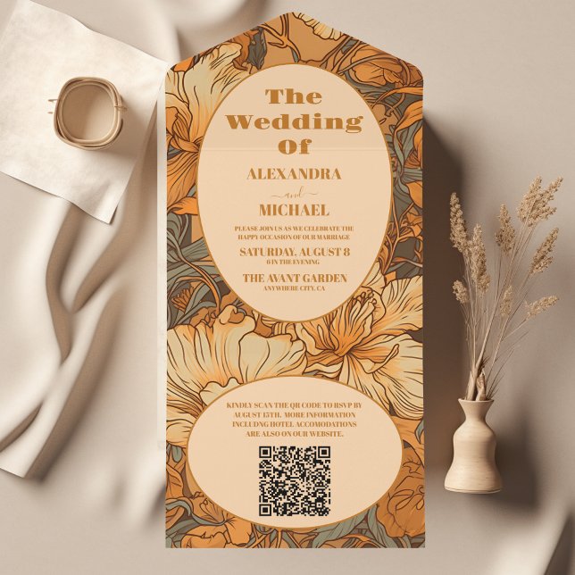 QR Code Gold Floral Art Nouveau Wedding All In One Invitation (Creator Uploaded)