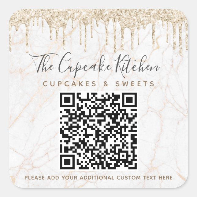 QR Code Gold Glitter Marble Drips Business Name Square Sticker (Front)