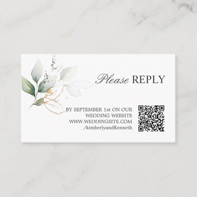 QR CODE Gold Green RSVP Reply Wedding Enclosure Card (Front)