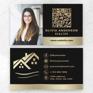 QR Code Gold House Black Real Estate Realtor Business Card