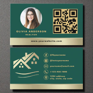 QR Code Gold House Green Real Estate Realtor Business Card