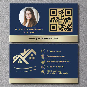 QR Code Gold House Navy Blue Real Estate Realtor Business Card
