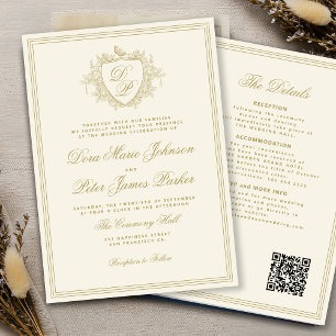 QR code gold ivory crest monogram wedding Invitation