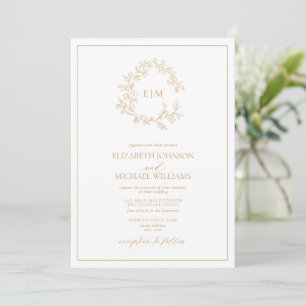 QR Code Gold Leafy Crest Monogram Wedding Invitation