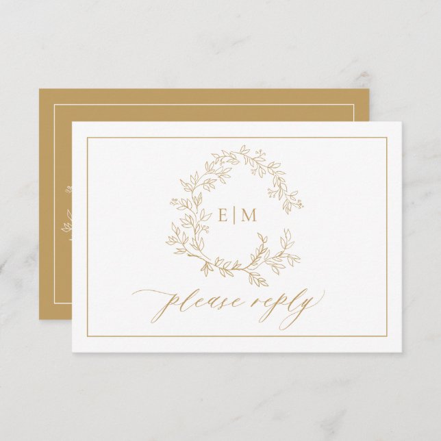 QR Code Gold Leafy Crest Monogram Wedding RSVP Card (Front/Back)