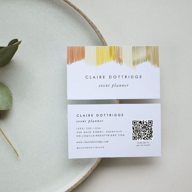 QR Code Gold Modern Fringe Business Card (Golden yellow Modern Fringe QR code business card.)
