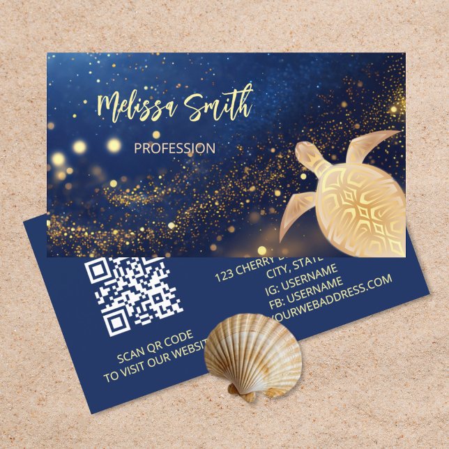 QR Code | Gold Tribal Turtle Blue Business Card (Creator Uploaded)