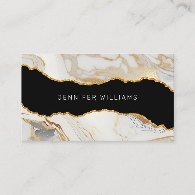 QR Code Gold White Marble Agate Elegant Business Card (Front)