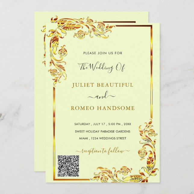 QR Code Golden Floral Gold Font Wedding Invitation (Front/Back)