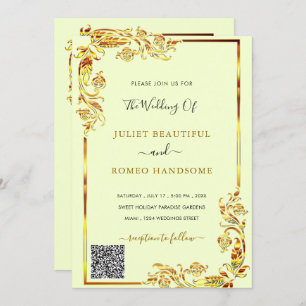 QR Code Golden Floral Gold Font Wedding Invitation