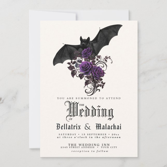 QR Code Goth Bat Deep Amethyst Purple Roses Invitation (Front)