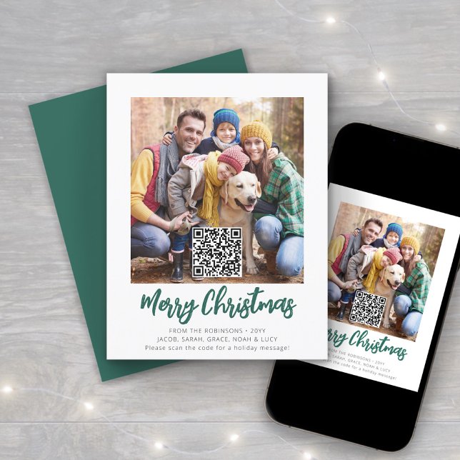 QR Code Green Brushed Script Merry Christmas Photo Holiday Card (Creator Uploaded)