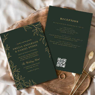 QR Code Green Gold Minimal Leaf Wedding Invitation
