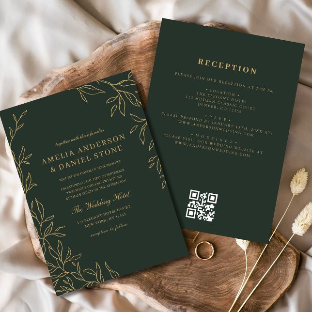 QR Code Green Gold Minimal Leaf Wedding  Invitation (Creator Uploaded)