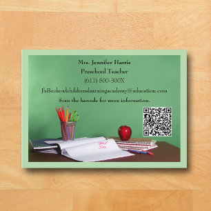QR Code Green Grade School Preschool Teacher Business Card