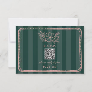 QR Code Green Stripe Floral Wedding QR RSVP Card