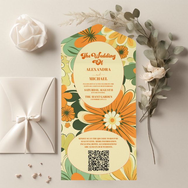 QR Code Groovy Boho Retro  Floral Wedding All In One Invitation (Creator Uploaded)