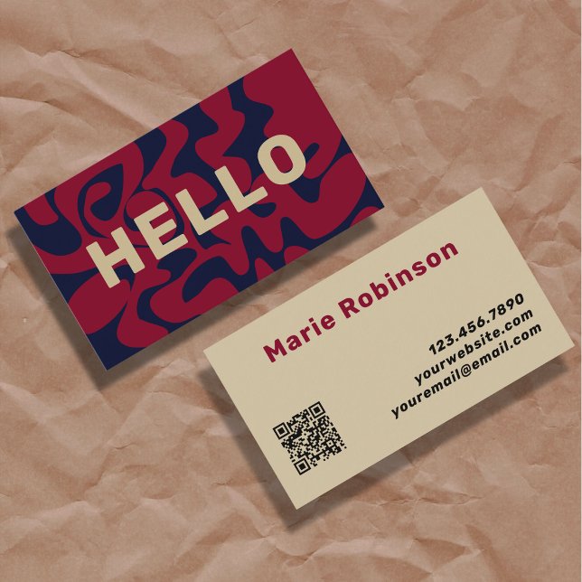 QR Code Groovy Burgundy Beige Navy Blue Squiggles Business Card (Creator Uploaded)