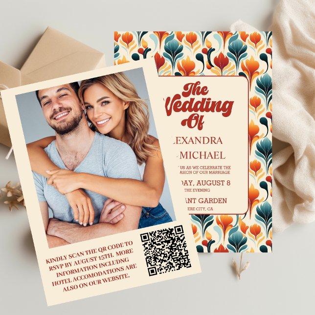 QR Code Groovy Retro 70s Floral Wedding Invitation (Creator Uploaded)