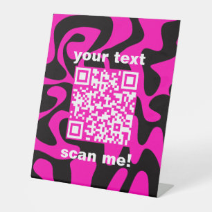 QR Code Groovy Retro Hot Pink Black Stand Business Pedestal Sign