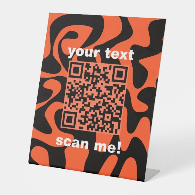 QR Code Groovy Retro Orange Black Shop Stand Pedestal Sign (Front)