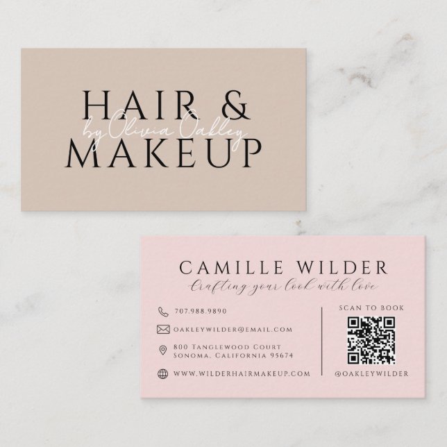 QR Code Hair And Makeup Blush Pink Business Card (Front/Back)