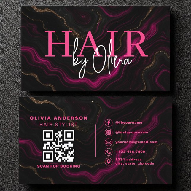 QR Code Hair Stylist Black Hot Pink Marble Business Card (Creator Uploaded)