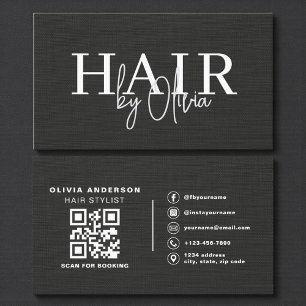 QR Code Hair Stylist Black Linen Typography  Business Card