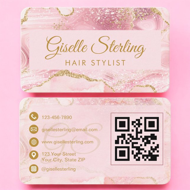 QR Code Hair Stylist Blush Pink Gold Agate  Business Card (Creator Uploaded)