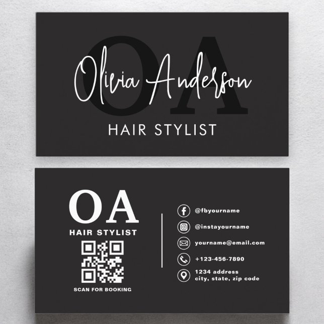 QR Code Hair Stylist Monogram Modern Typography  Business Card (Creator Uploaded)