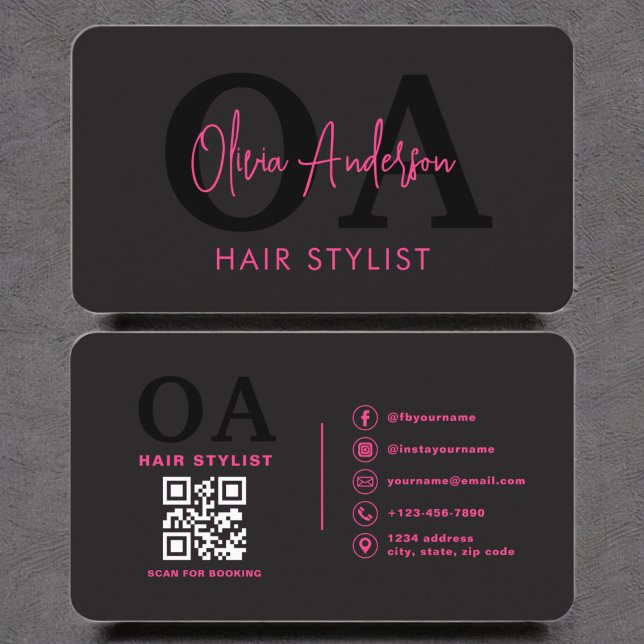 QR Code Hair Stylist Monogram Modern Typography  Business Card (Creator Uploaded)