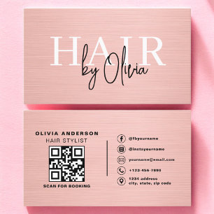 QR Code Hair Stylist Pink Metallic Typography Business Card