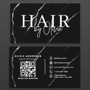QR Code Hair Stylist Silver Black Marble Business Card