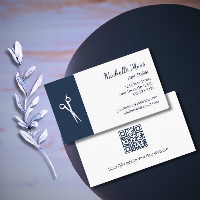 QR code Hair Stylist Simple Scissors Navy Blue Business Card (Creator Uploaded)