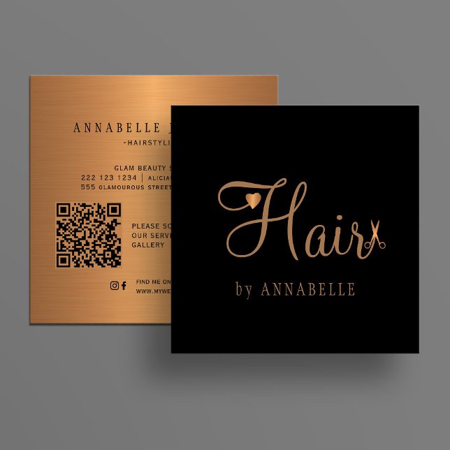 QR code hairstylist professional gold black Square Business Card (Creator Uploaded)