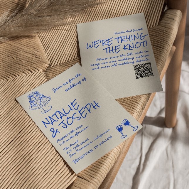 QR Code Hand Drawn Blue Cake Bows Unique Wedding  Invitation (Creator Uploaded)