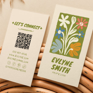 QR Code Hand Drawn Green Bold Retro Funky Floral Business Card
