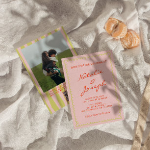 QR Code Hand Written Pinstripes Photo Wedding Invitation