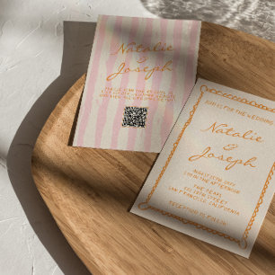 QR Code Hand Written Pinstripes Whimsical Wedding Invitation