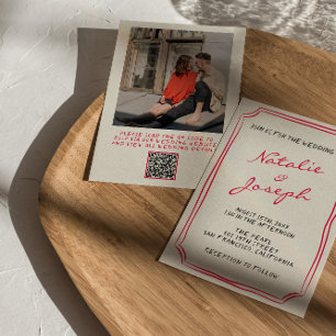 QR Code Hand Written Whimsical Retro Photo Wedding Invitation