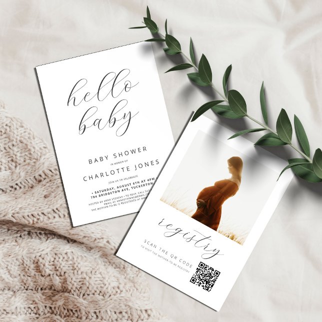 QR Code Hello Baby Modern Photo Baby Shower Invitation (Creator Uploaded)