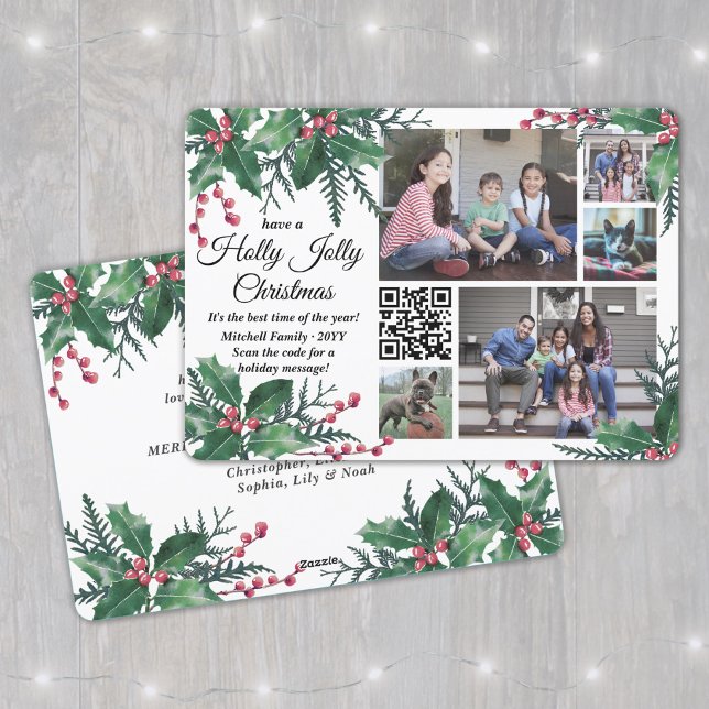 QR Code Holly Jolly Christmas Greenery 5 Photo Holiday Card (Creator Uploaded)