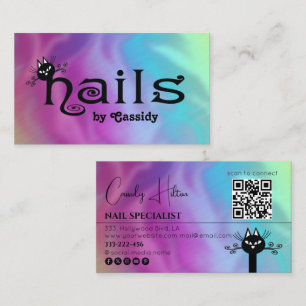 Qr code holographic Adorable black cat fun nails Business Card