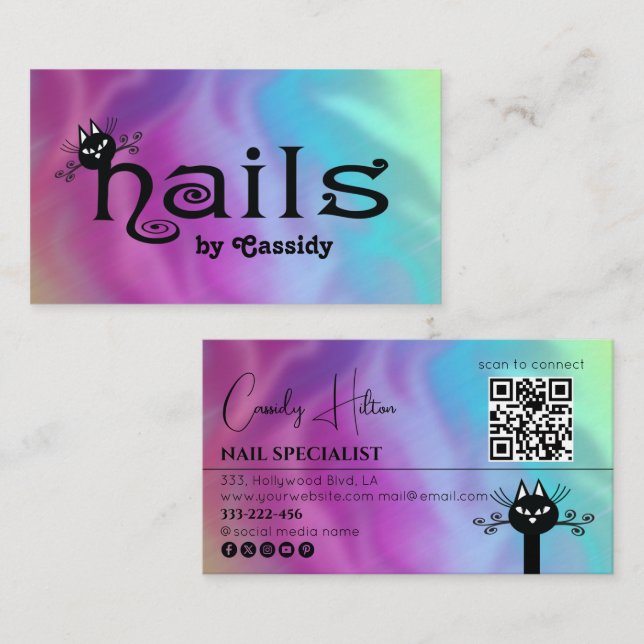 Qr code holographic Adorable black cat fun nails  Business Card (Front/Back)