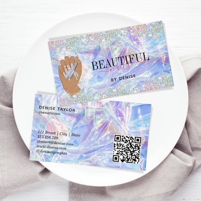 QR Code holographic nail salon woman hand nails Business Card (Creator Uploaded)
