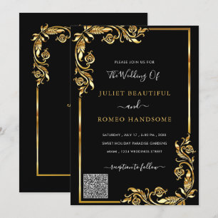 QR Code Info Black Gold Modern Wedding Invitation