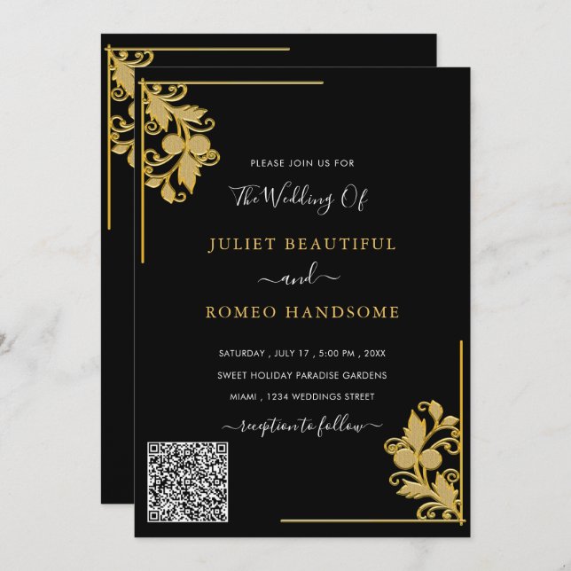 QR Code Info Floral Black Gold Wedding Invitation (Front/Back)