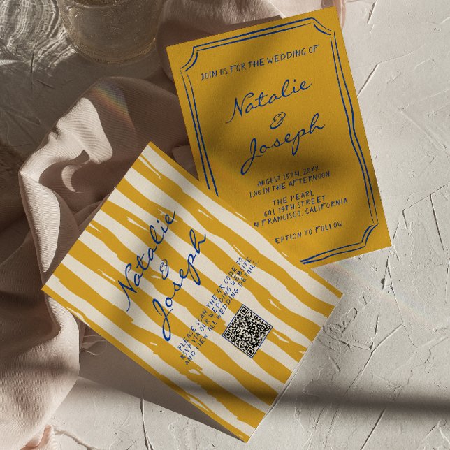QR Code Italian Hand Written Pinstripes Wedding Invitation (Creator Uploaded)