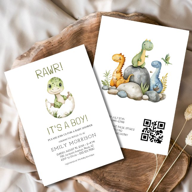 QR Code It's a Boy Cute Dinosaur Baby Boy Shower Invitation (Creator Uploaded)