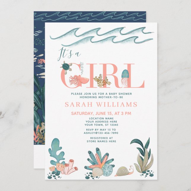QR Code It's a Girl Under the Sea Baby Shower Invitation (Front/Back)